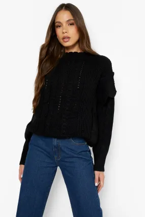 Ruffle Hem Cable Knitted Sweater