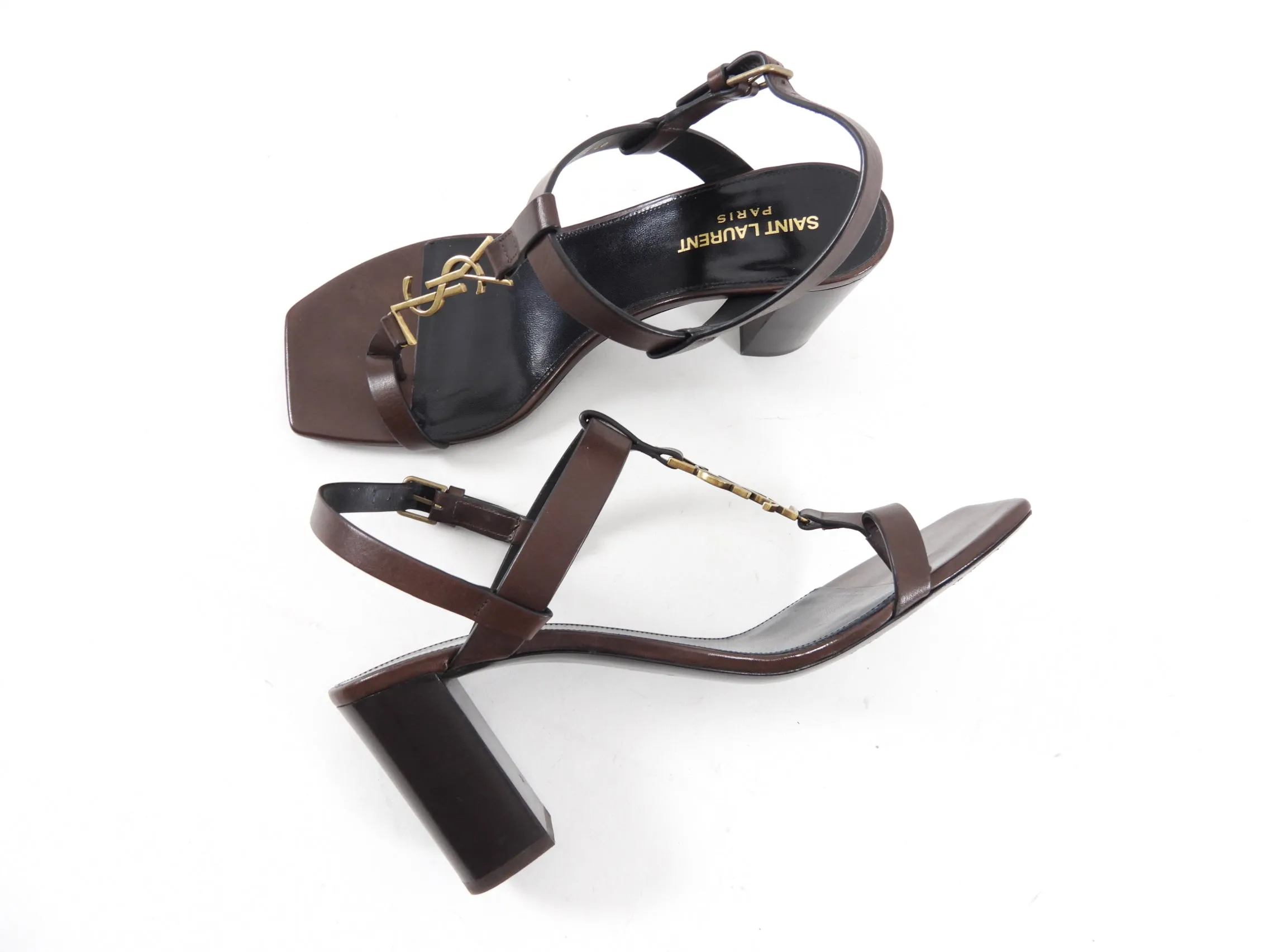 Saint Laurent Cassandra Brown Leather Block Heel Sandals - 40