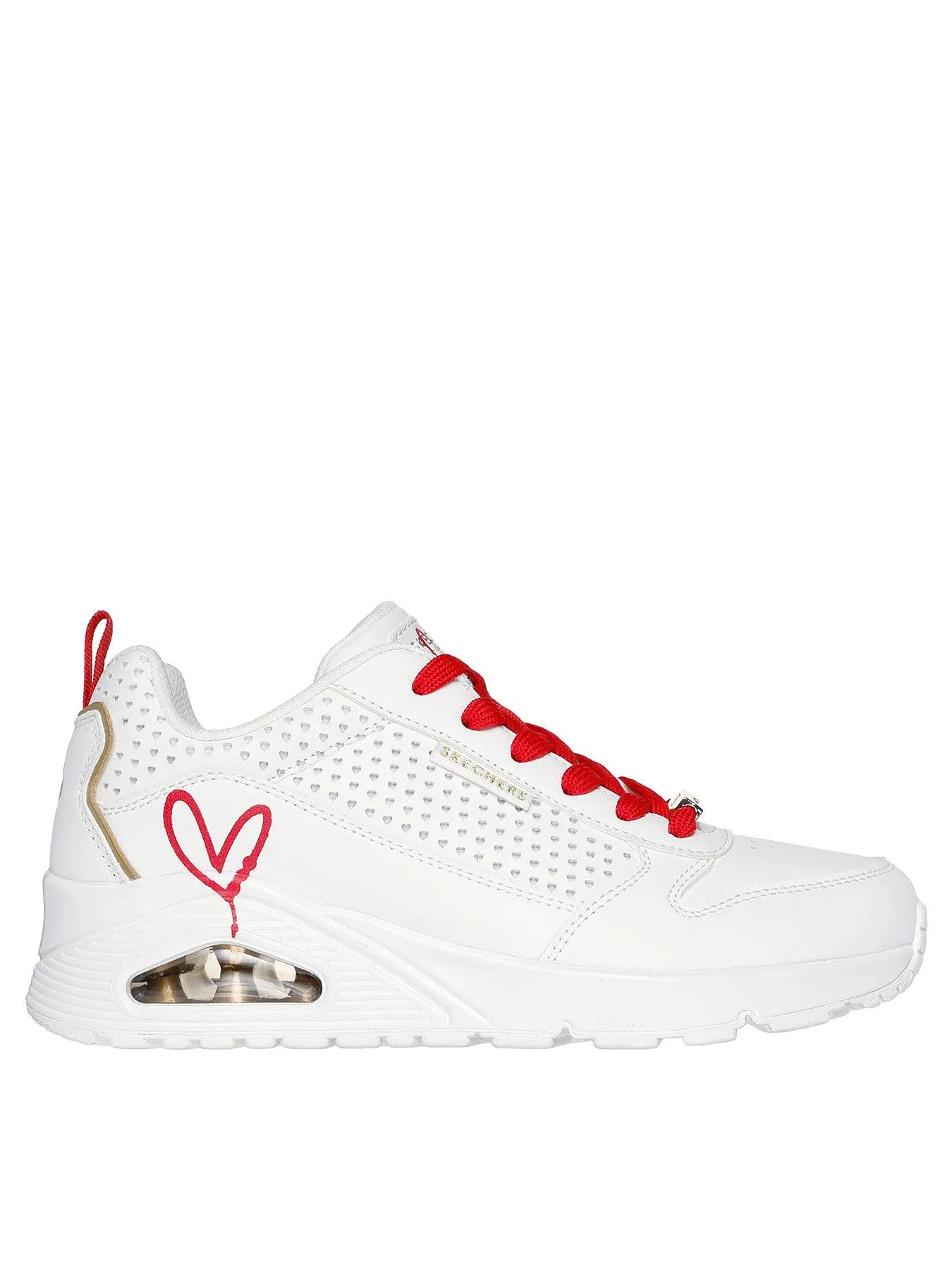 Skechers Goldcrown Heart Perforated Heart, Dripping Heart Printed Duraleather Fashion Sneaker - White