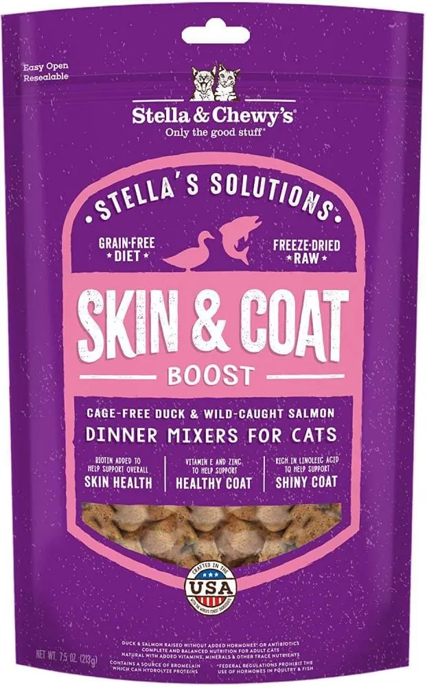 Stella & Chewy's Solutions Skin & Coat Boost Cage Free Duck & Wild Caught Salmon Cat Food Dinner Mixers