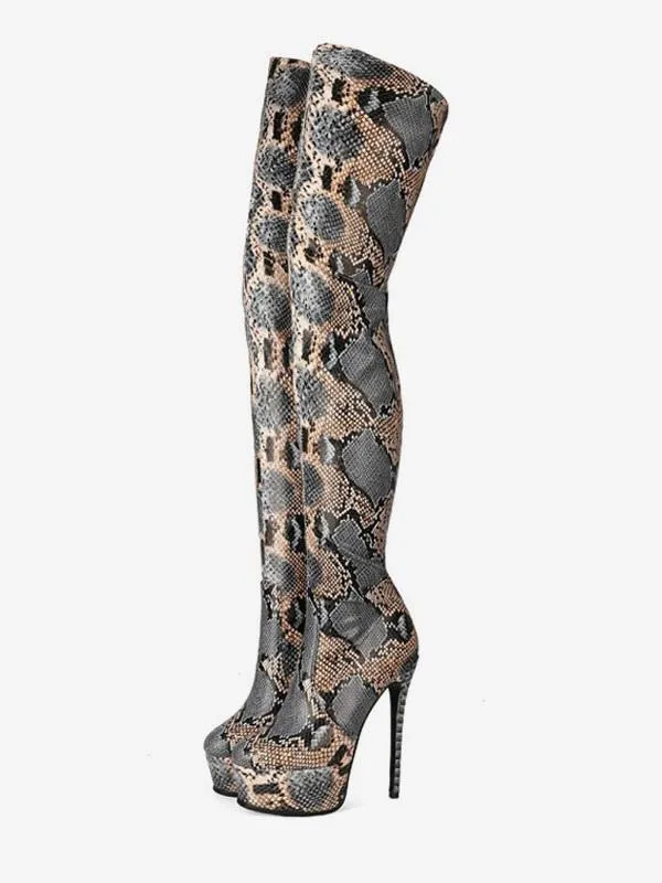 thigh high Boots Python Round Toe Snake Print Winter Boots For Women