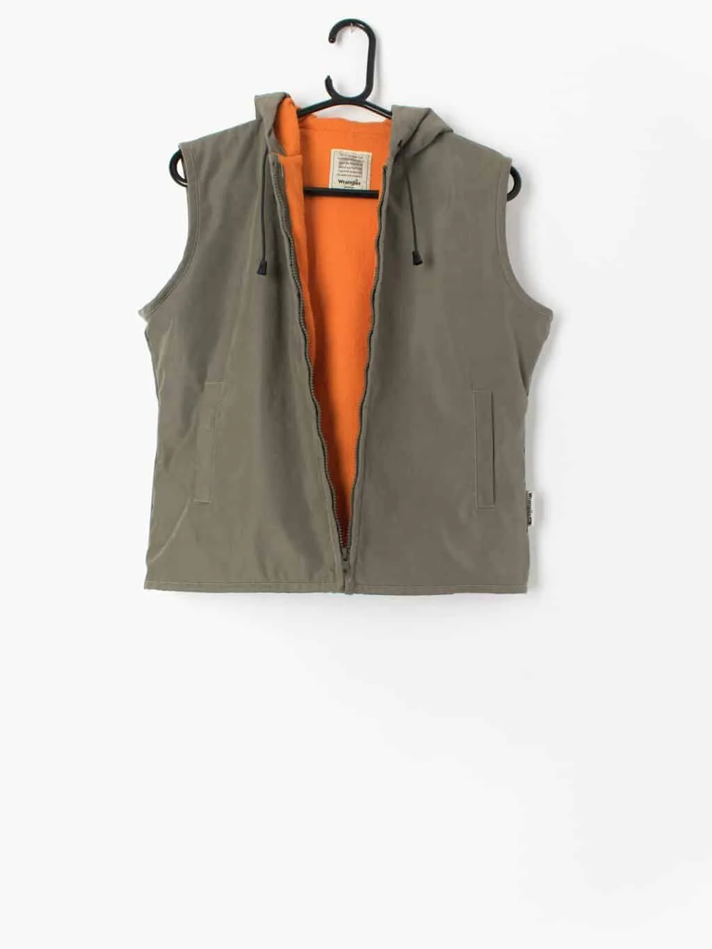 Vintage Wrangler fleece lined gilet in khaki military green and orange with hood Y2K – Medium