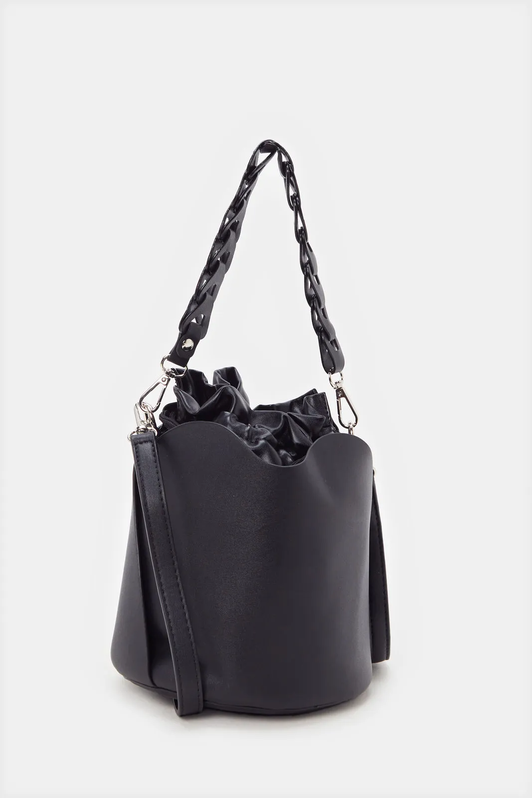 Women Black Embellished Handle Bucket Bag