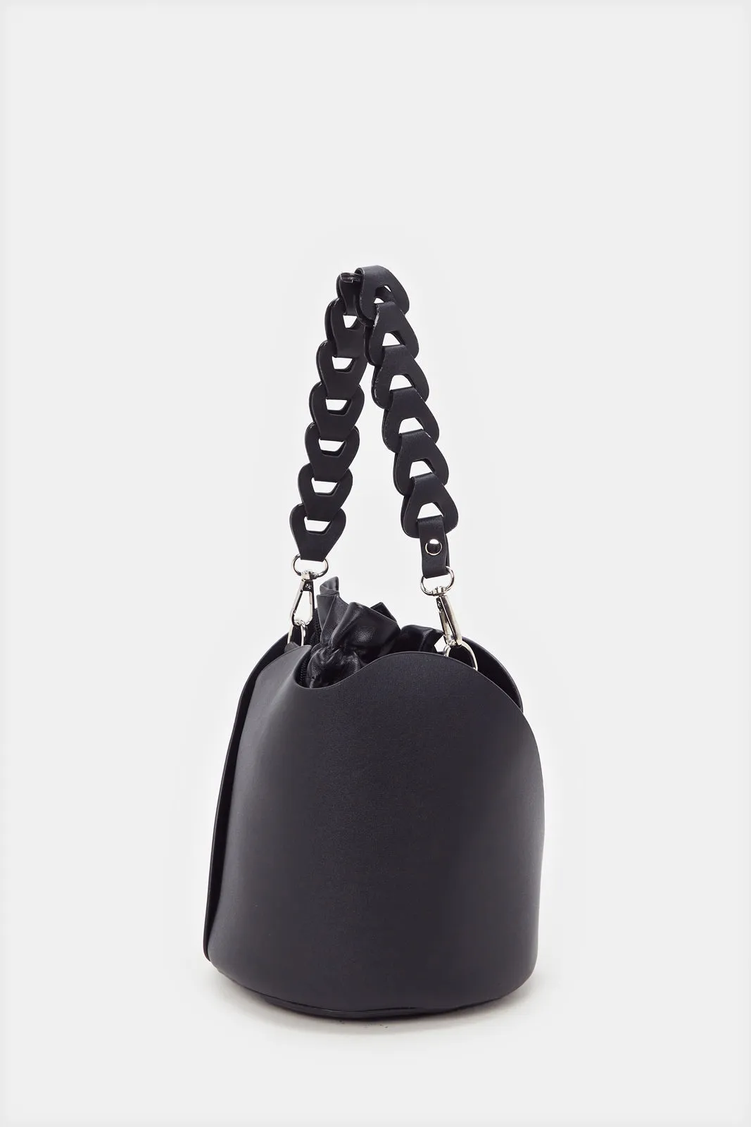 Women Black Embellished Handle Bucket Bag