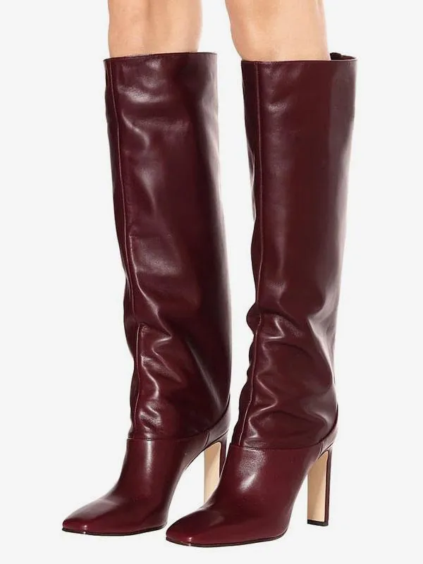 Women' Burgundy Boots Square Toe Chunky Heel Knee High Boots