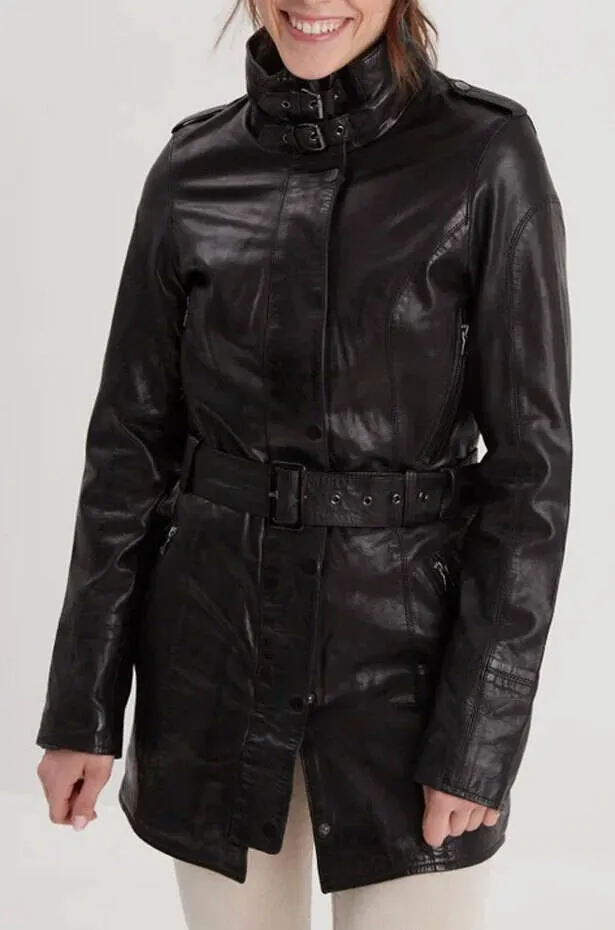 Women's black leather coat rose garden twilight