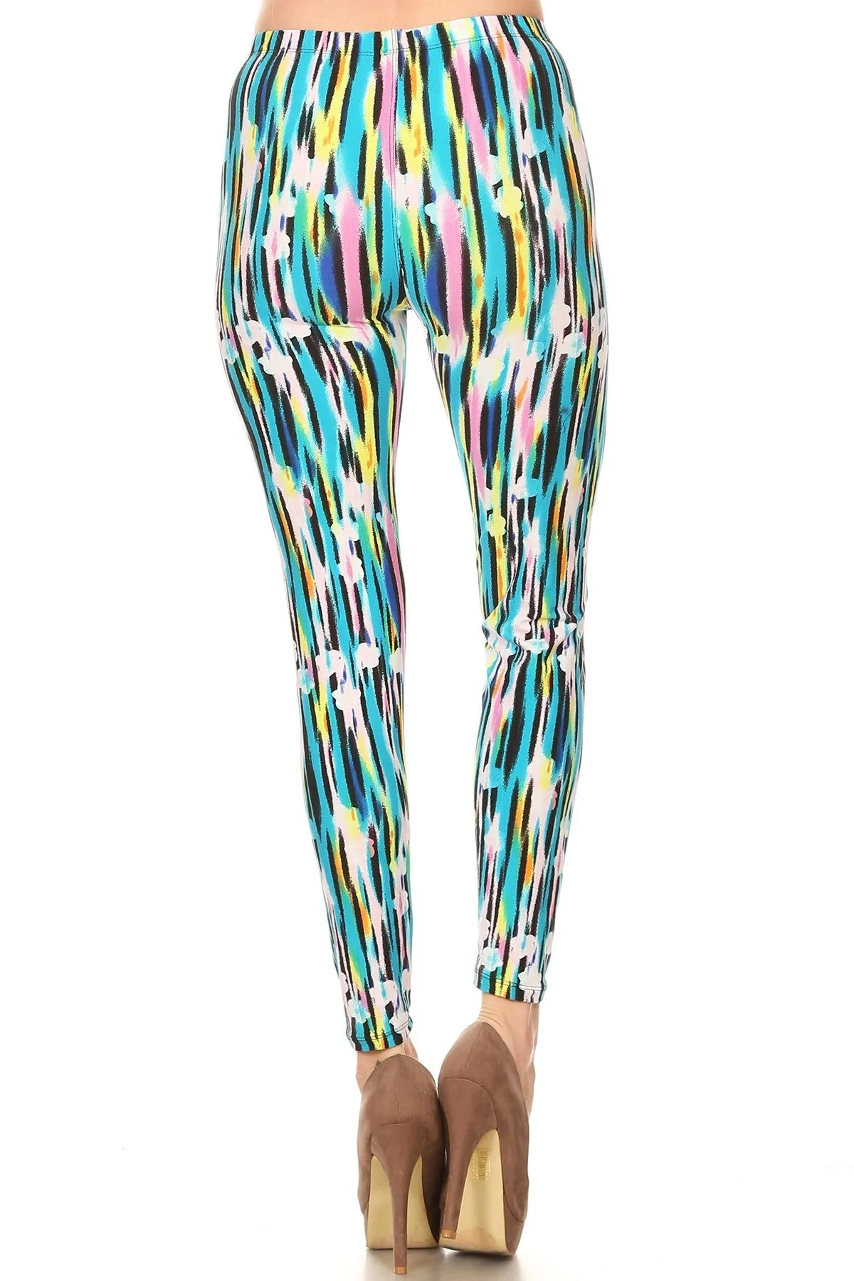 Women's Plus Abstract Paint Lines Pattern Printed Leggings - Blue Yellow