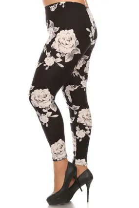 Women's Plus Big White Rose Pattern Print Leggings - Black White