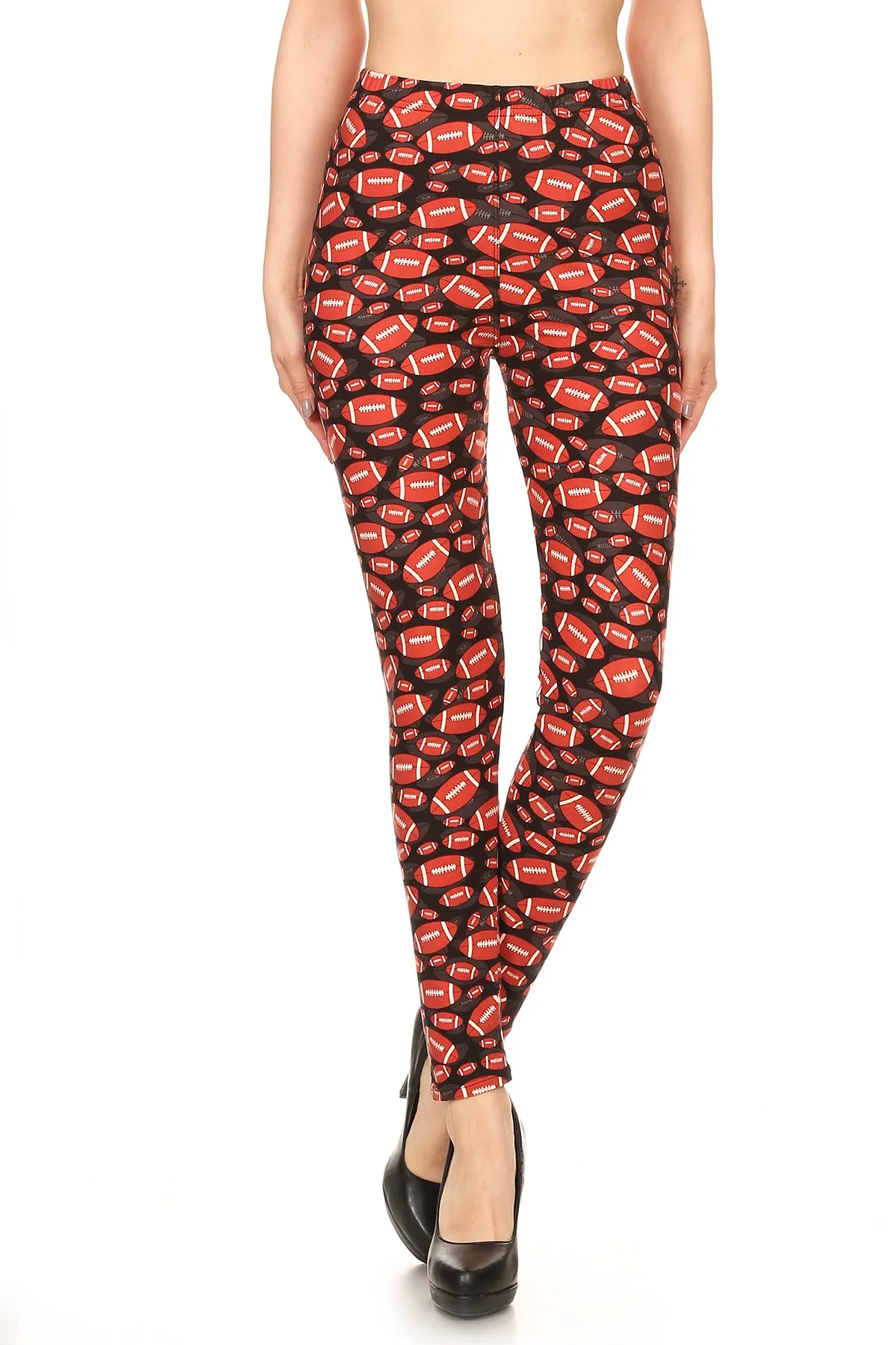 Women's Regular Rugby Ball Pattern Printed Leggings - Football Black Red