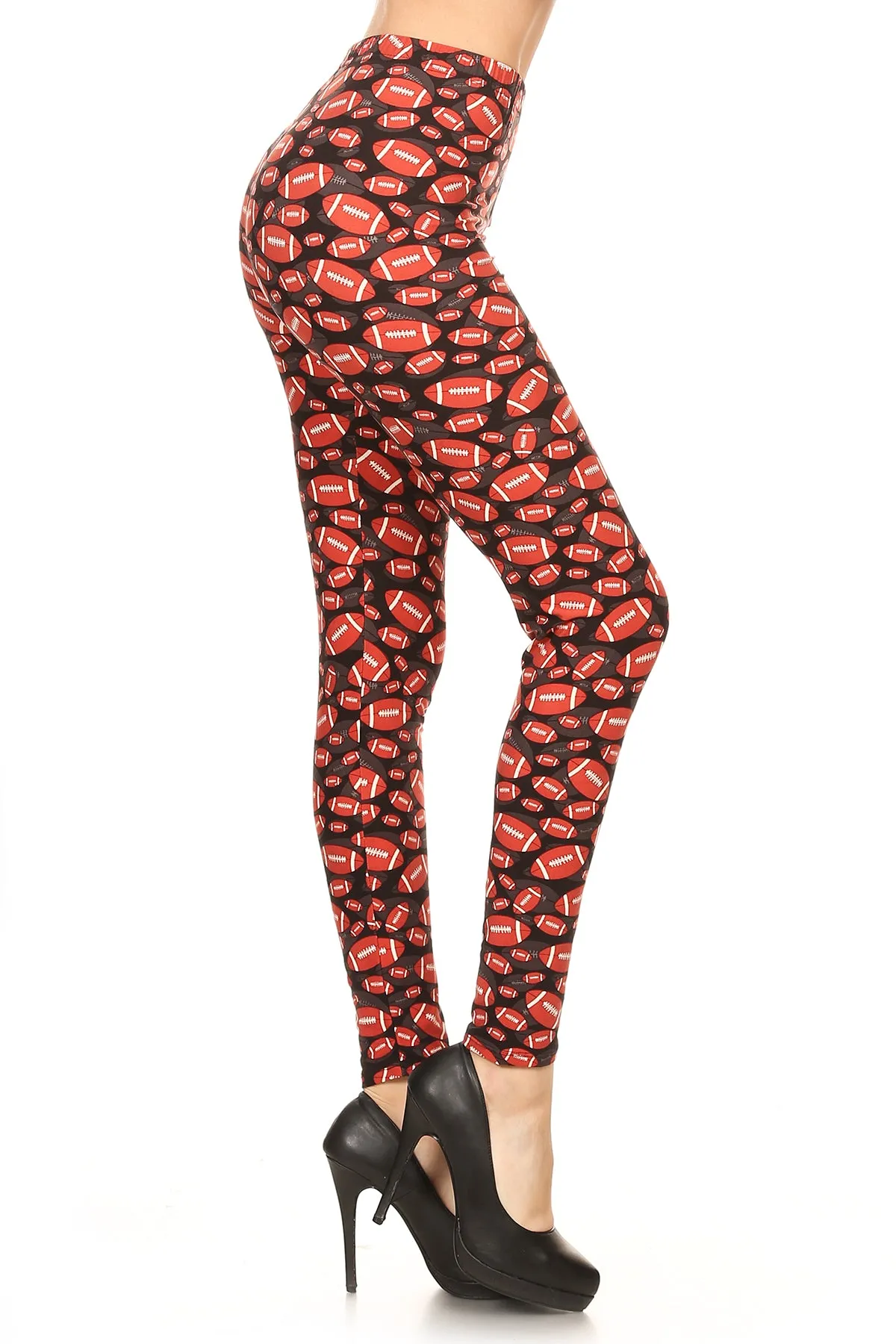 Women's Regular Rugby Ball Pattern Printed Leggings - Football Black Red