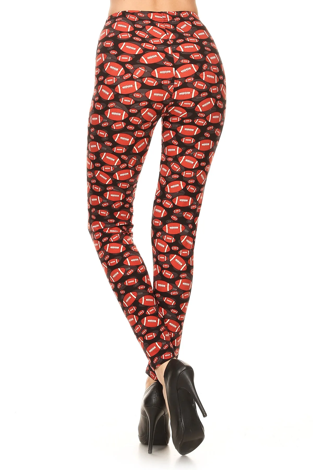 Women's Regular Rugby Ball Pattern Printed Leggings - Football Black Red