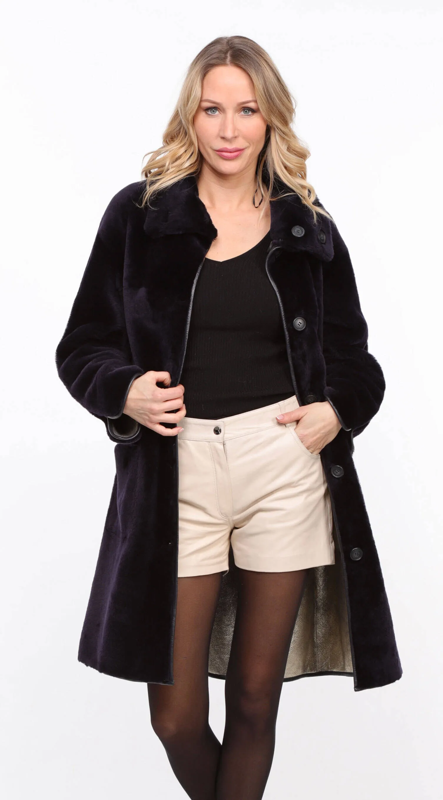 Women's reversible navy/gold \gaby\ sheepskin coat