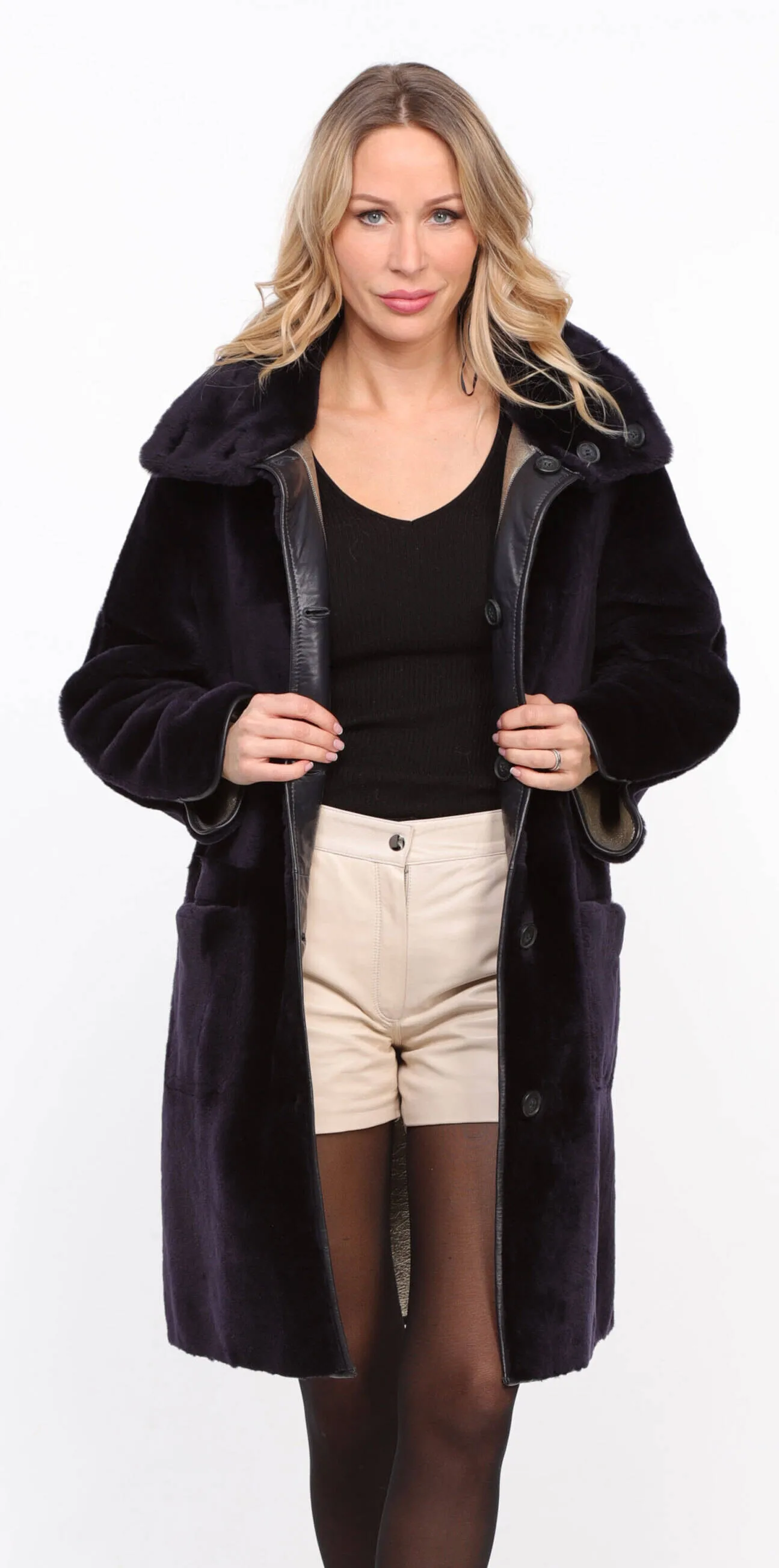 Women's reversible navy/gold \gaby\ sheepskin coat