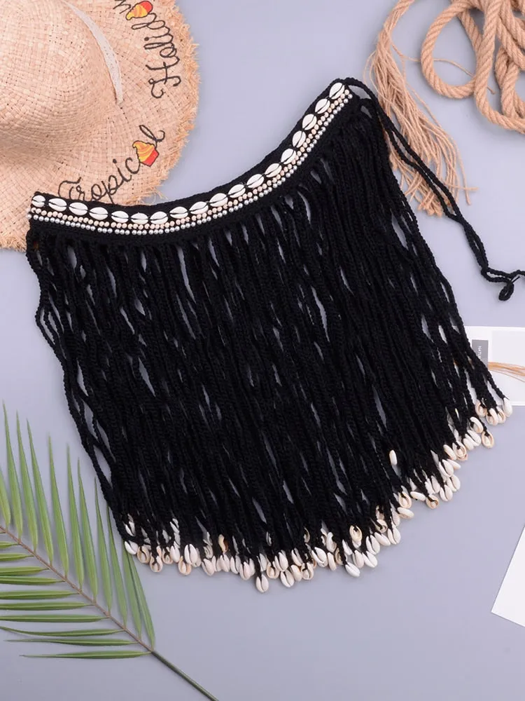 Women's Sexy Loose Adjustable Crochet Shell Tassel Mini Skirt Bikini