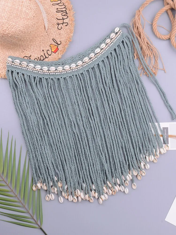 Women's Sexy Loose Adjustable Crochet Shell Tassel Mini Skirt Bikini