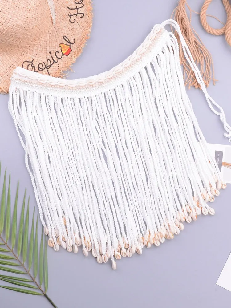 Women's Sexy Loose Adjustable Crochet Shell Tassel Mini Skirt Bikini