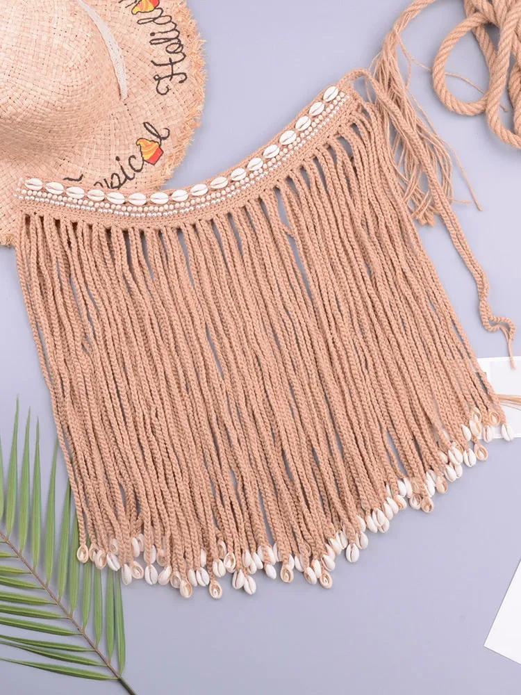 Women's Sexy Loose Adjustable Crochet Shell Tassel Mini Skirt Bikini